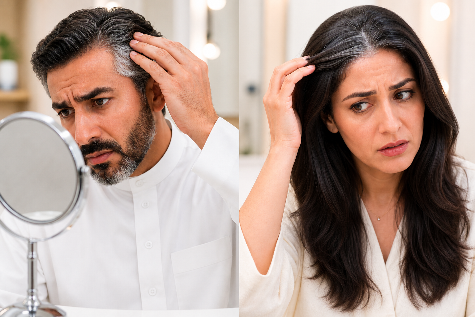 رجل وامرأة يعانيان من الشيب المبكر أمام المرآة