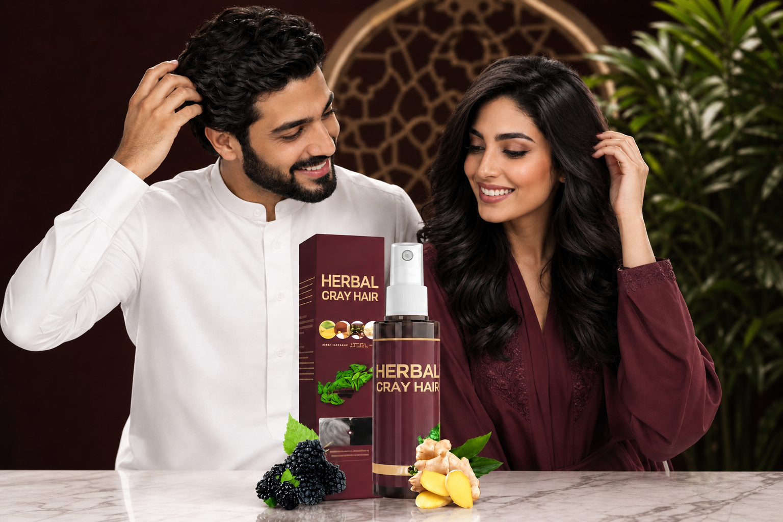 بخاخ HERBAL GRAY HAIR — زوج سعودي بشعر صحي ولامع مع المنتج