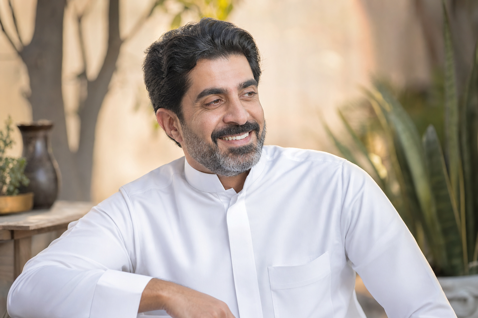 رجل سعودي واثق بشعر أسود طبيعي لامع بعد النتيجة